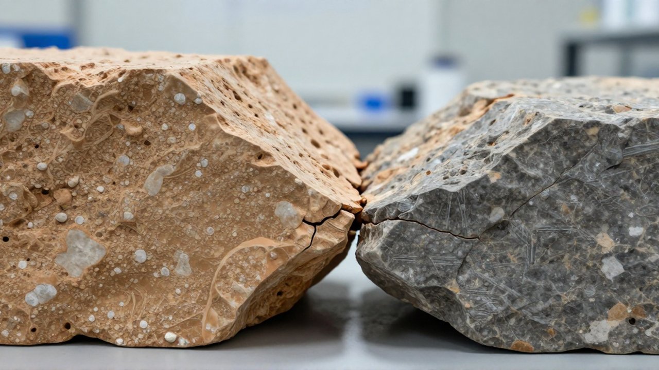 Modelo de sección transversal geológica muestra dos bloques de roca sedimentaria desplazándose sobre una línea de falla.