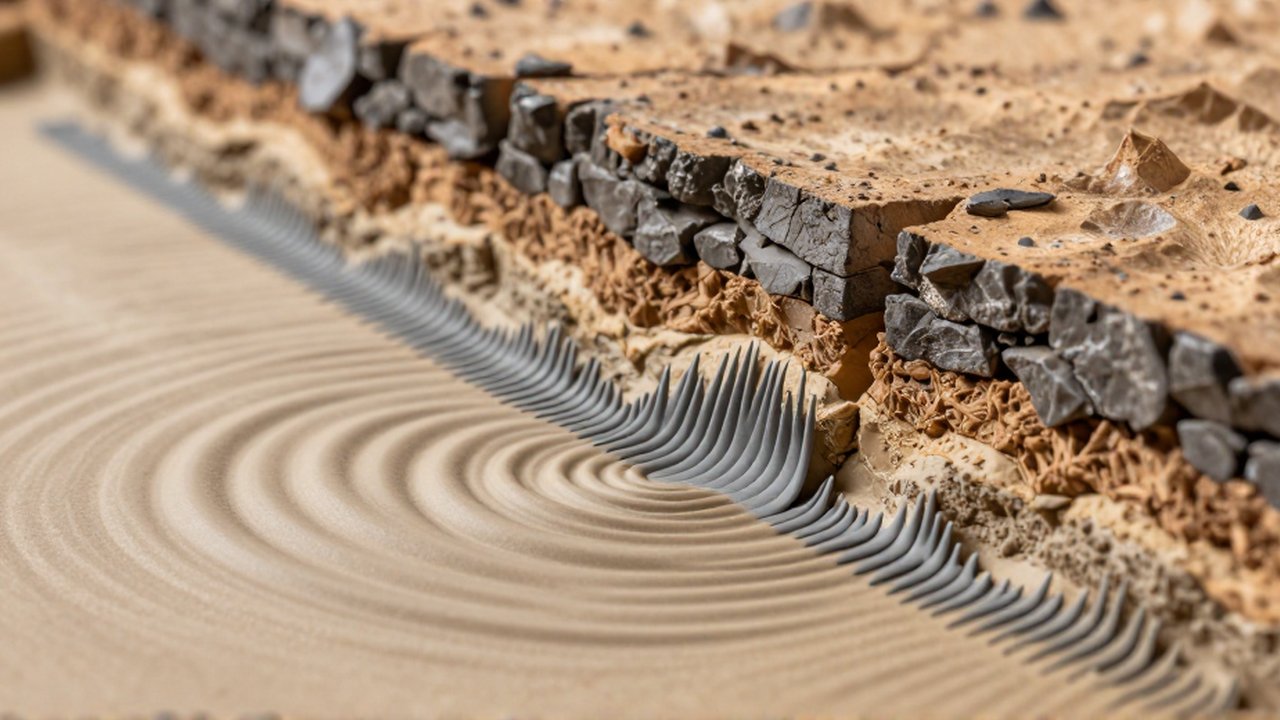 Modelo científico de las capas terrestres con ondas sísmicas propagándose a través de estratos rocosos y un depósito sedimentario.
