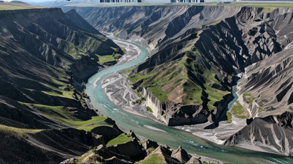 Vista aérea de un río que serpentea por el centro de un valle verde y accidentado.