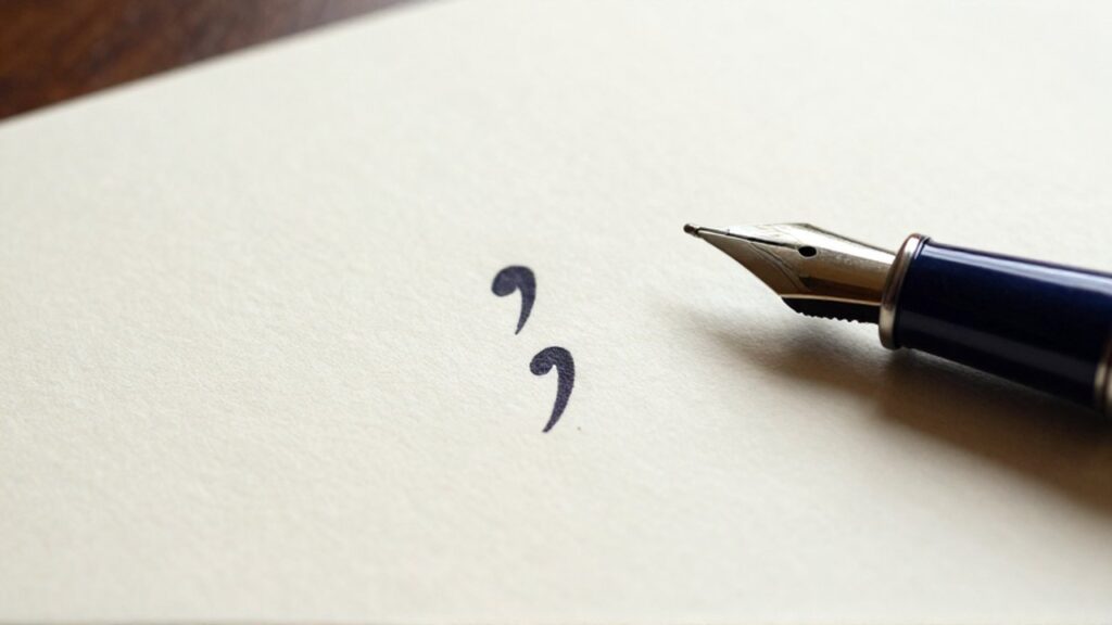 Pluma estilográfica antigua sobre papel crema con un punto y coma escrito en caligrafía oscura.