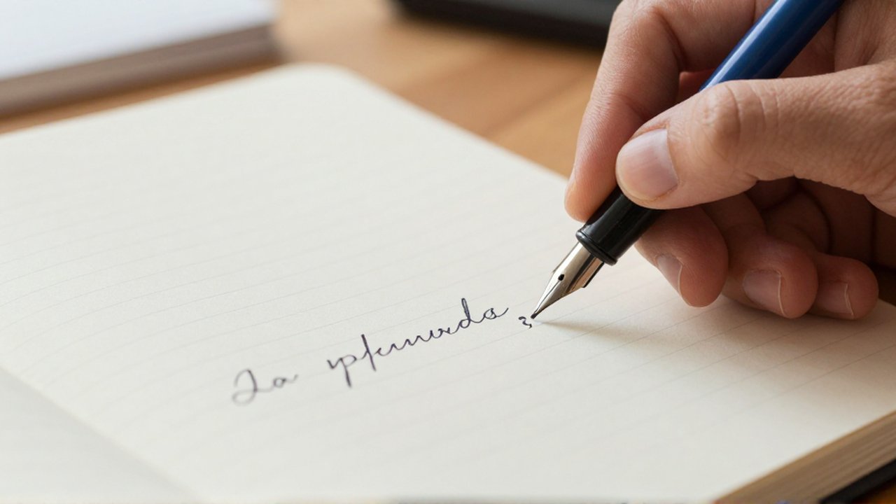Una mano escribe un punto y coma con una pluma estilográfica sobre un cuaderno.