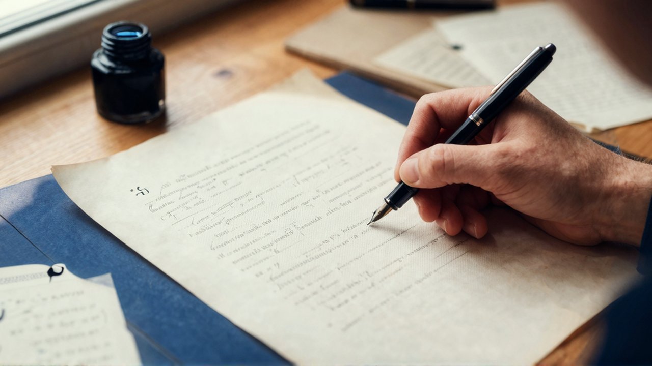 Una mano utiliza una pluma estilográfica para escribir un punto y coma en un manuscrito sobre papel de pergamino.