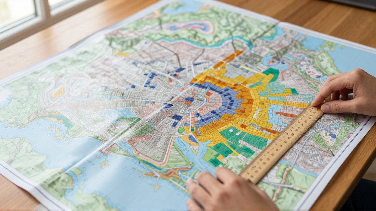 Unas manos colocan láminas traslúcidas de colores sobre un mapa topográfico para comparar áreas.