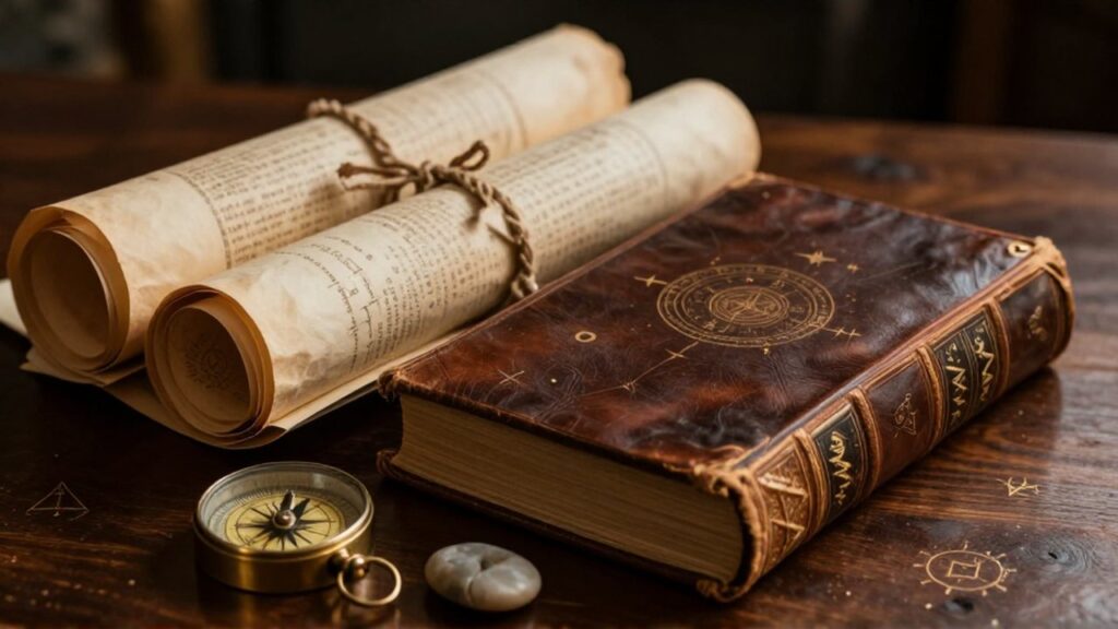 Pergaminos antiguos y libros encuadernados en cuero descansan sobre un escritorio de madera oscura junto a una brújula de latón.