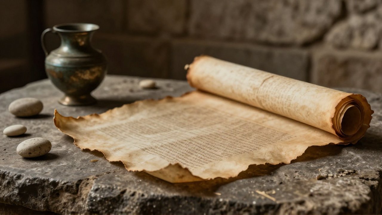 Un papiro antiguo parcialmente desenrollado sobre lino y piedra junto a un recipiente de bronce.