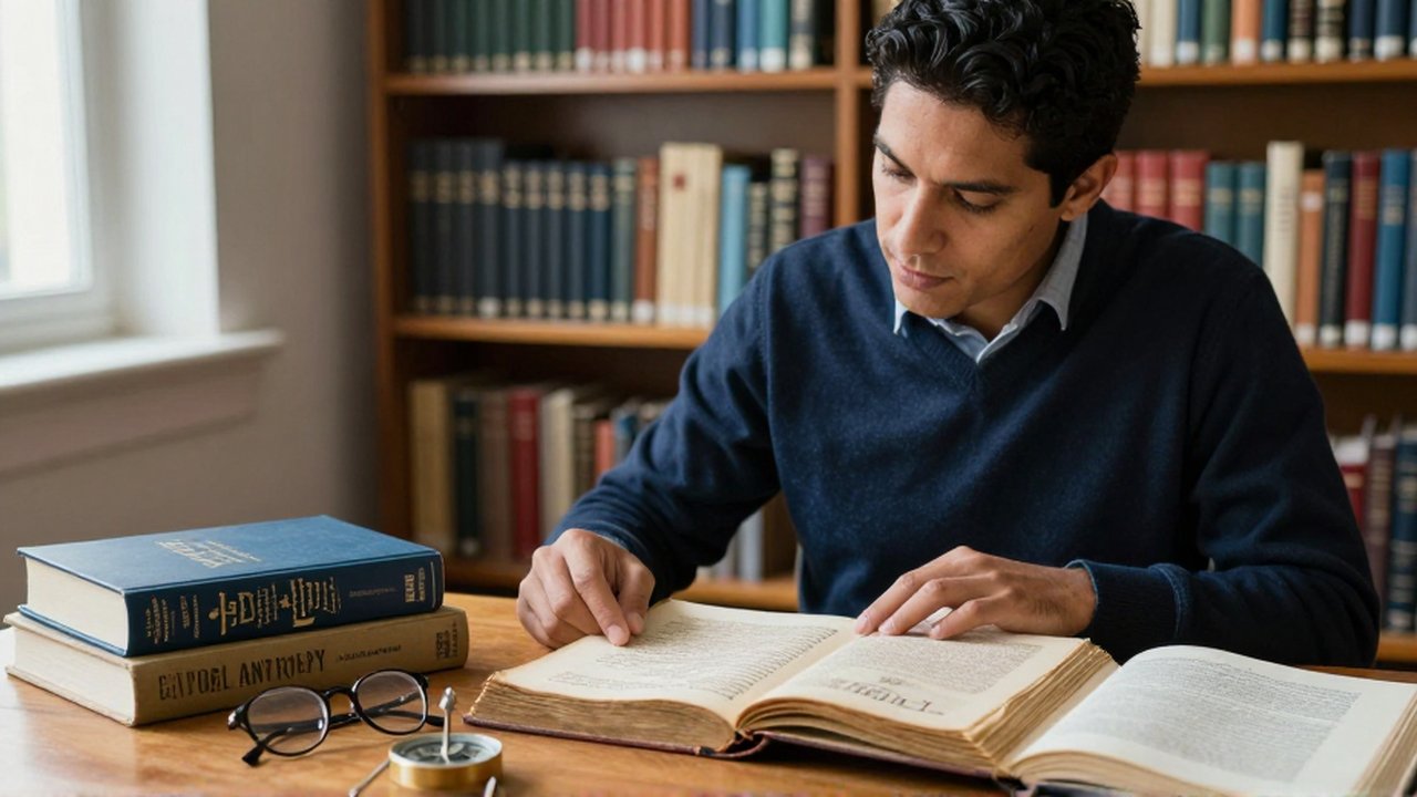 Un investigador analiza un manuscrito antiguo junto a libros académicos sobre un escritorio de madera.