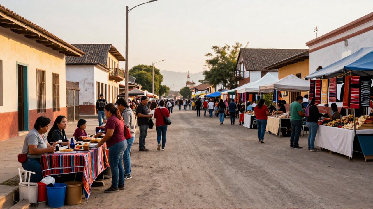 Personas de origen latinoamericano intercambian productos y conversan en un mercado de una plaza al aire libre.