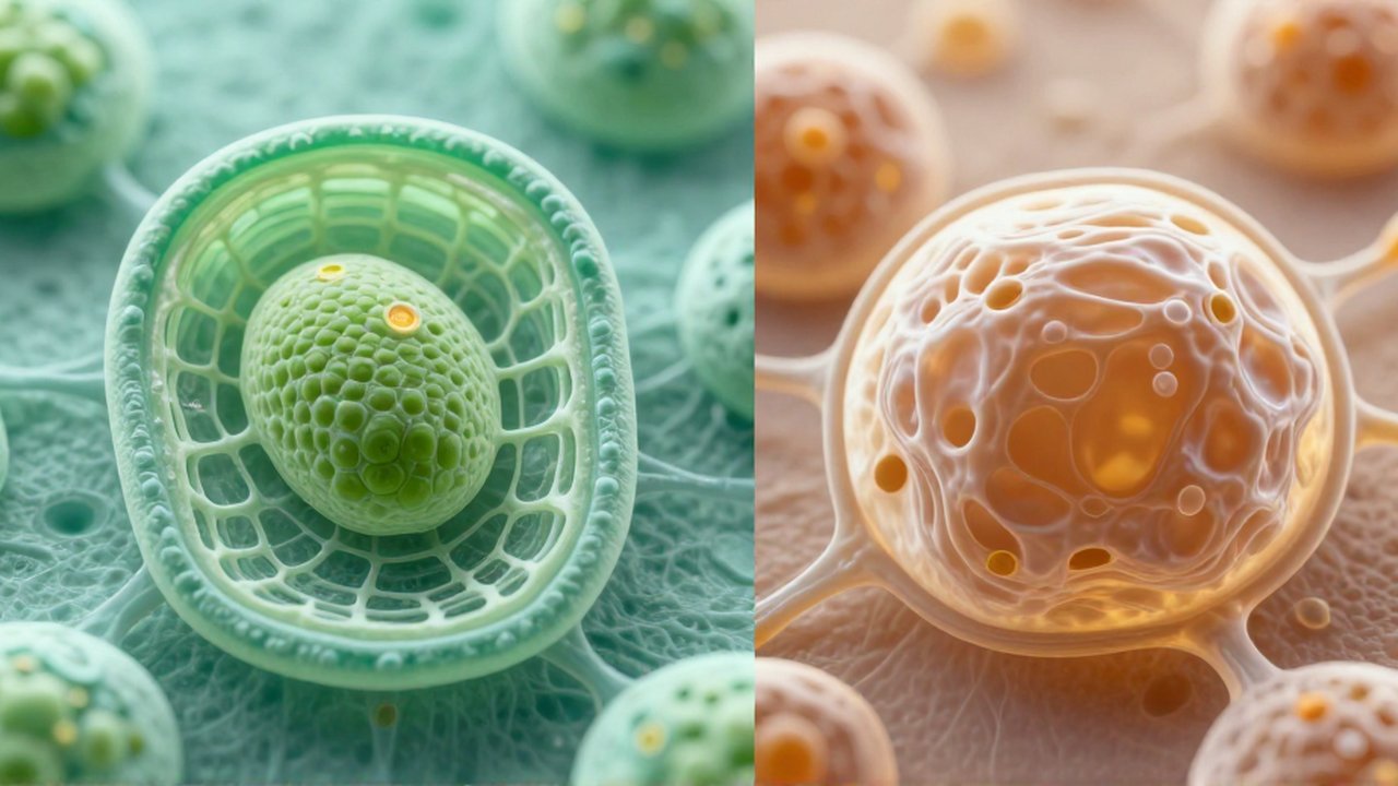 Comparación microscópica entre una célula vegetal con pared celular rígida y una célula animal de membrana flexible.