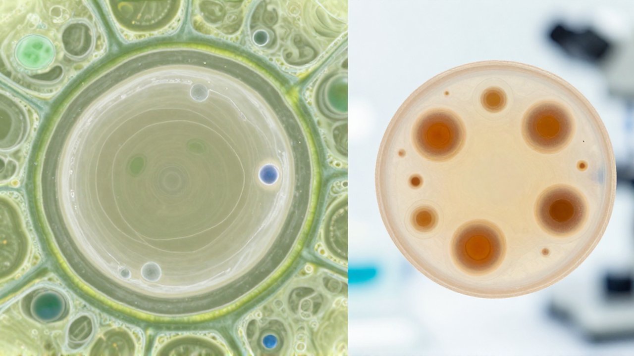 Comparación microscópica entre una célula vegetal con una gran vacuola central y una célula animal con vacuolas pequeñas.