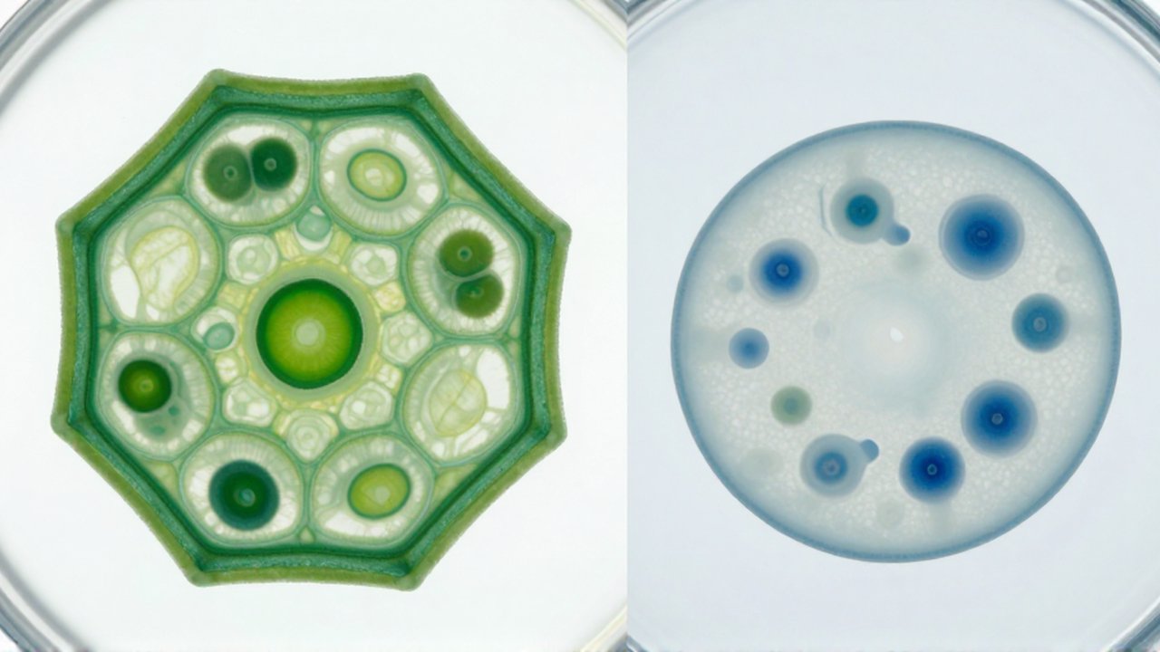 Comparación microscópica entre una célula vegetal con pared hexagonal y una célula animal redondeada.