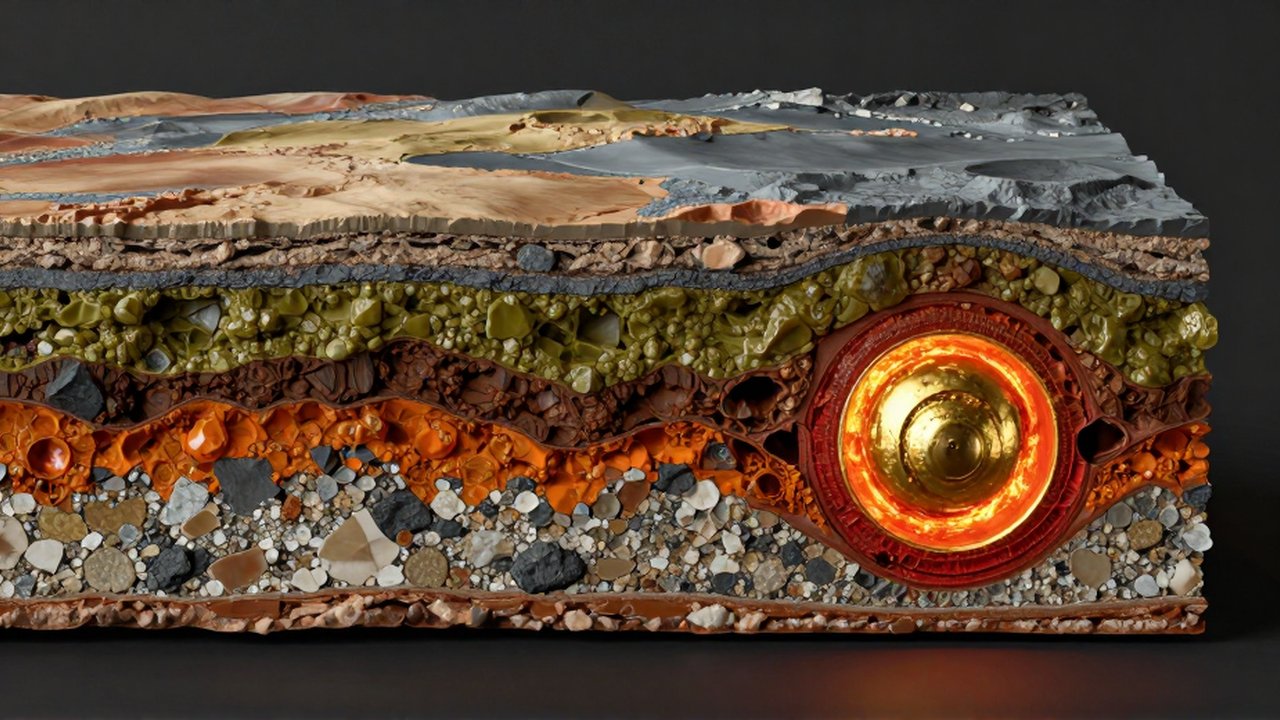 Sección transversal de la Tierra que muestra la corteza, el manto de peridotita y el núcleo metálico.