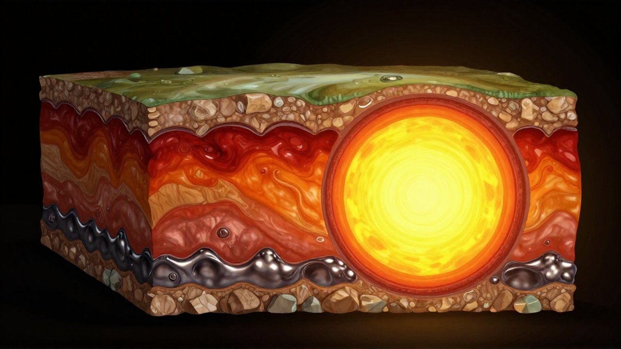 Ilustración de un corte transversal de la Tierra que muestra la corteza, el manto, el núcleo externo y el núcleo interno.