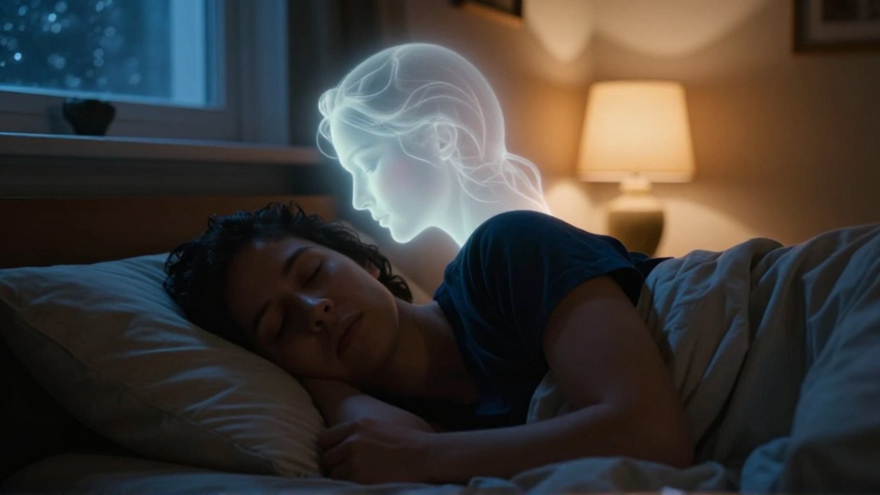 Una persona con rasgos latinoamericanos duerme en una habitación acogedora mientras una figura luminosa observa su sueño.