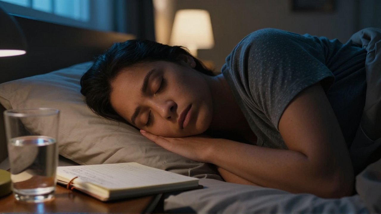 Persona de ascendencia latinoamericana duerme plácidamente en una cama junto a una mesita de noche con un cuaderno y agua.