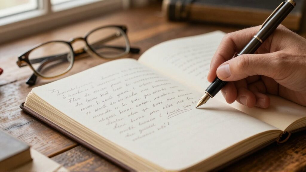 Una mano sostiene una pluma estilográfica sobre un cuaderno abierto con escritura manuscrita en un escritorio de madera.