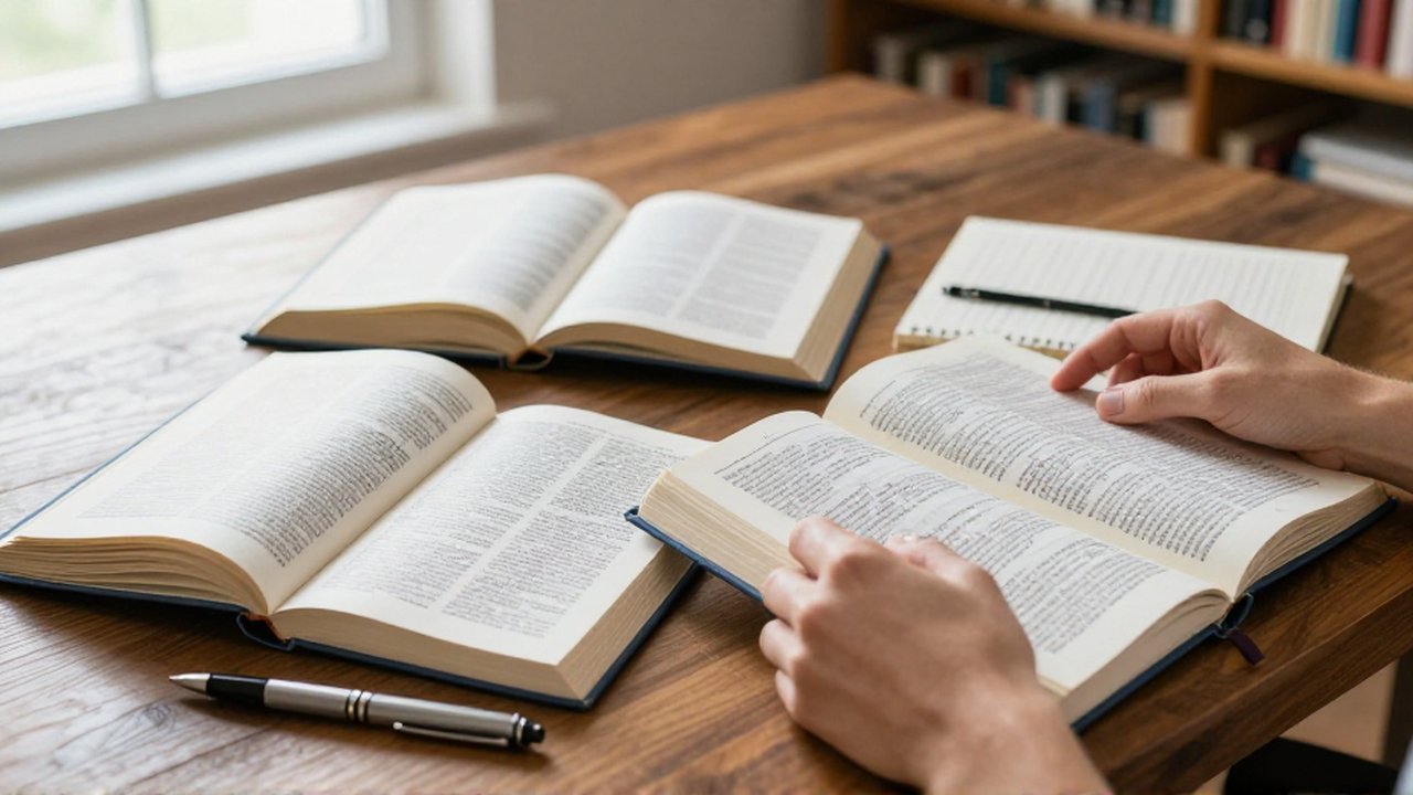 Manos que organizan libros de consulta y un cuaderno sobre un escritorio de madera.