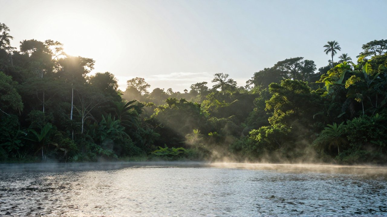 Paisaje de una selva tropical junto a un lago tranquilo con vapor ascendiendo bajo la luz del sol.