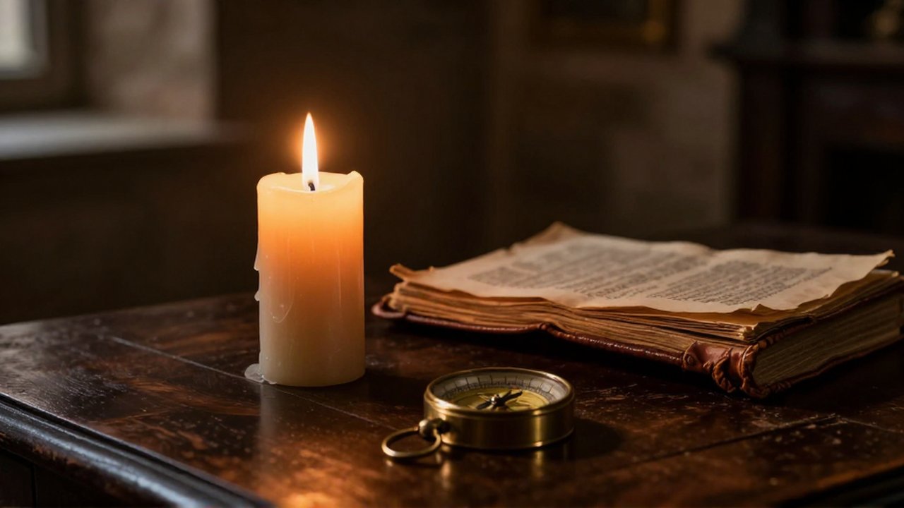Una vela de cera de abeja encendida junto a un libro de cuero y una brújula de latón sobre una mesa de madera oscura.