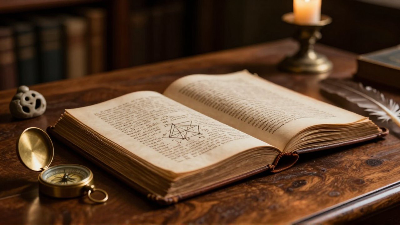 Manuscrito de cuero abierto sobre un escritorio de madera junto a una pluma y un compás de latón.