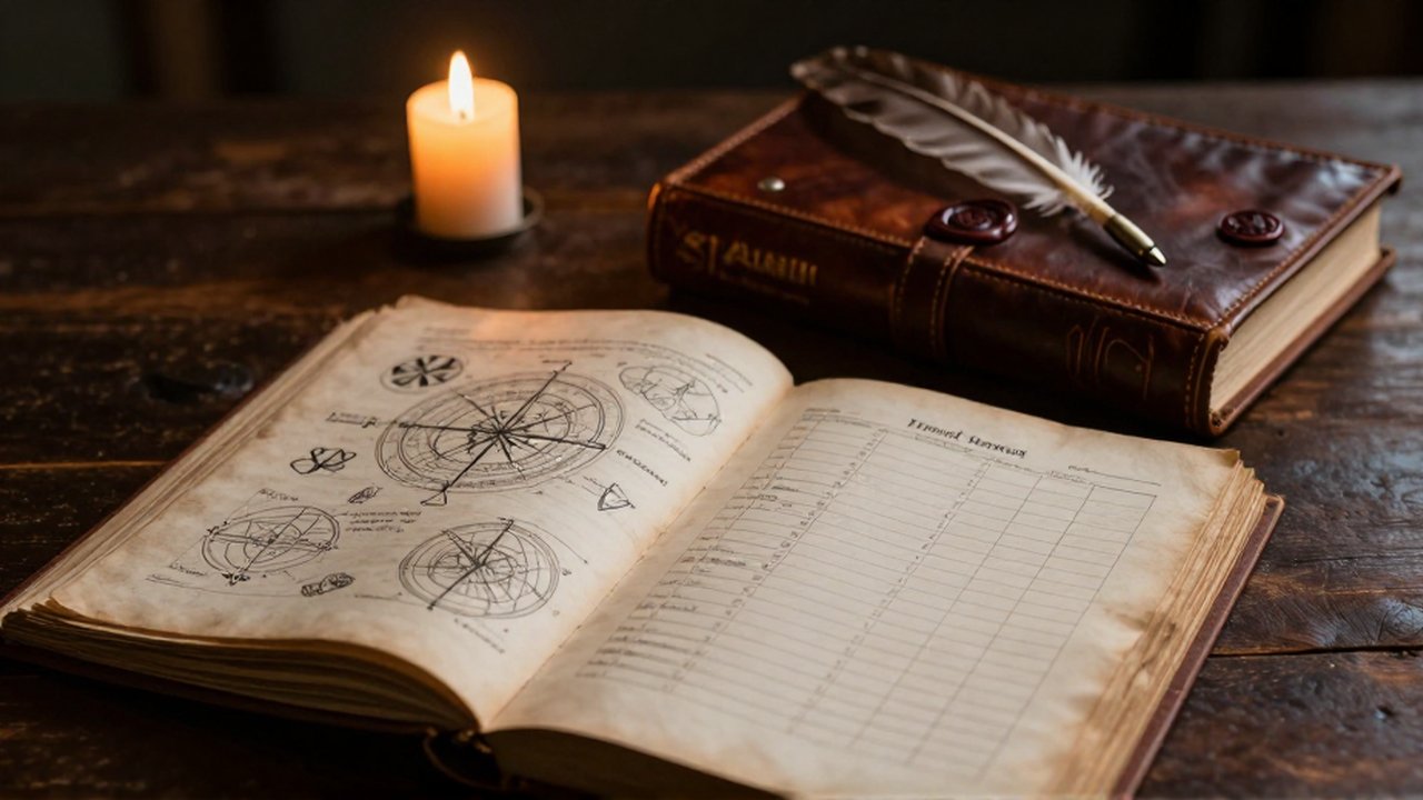 Manuscrito abierto con diagramas astrológicos junto a un libro de cuero con sello de cera y una pluma.