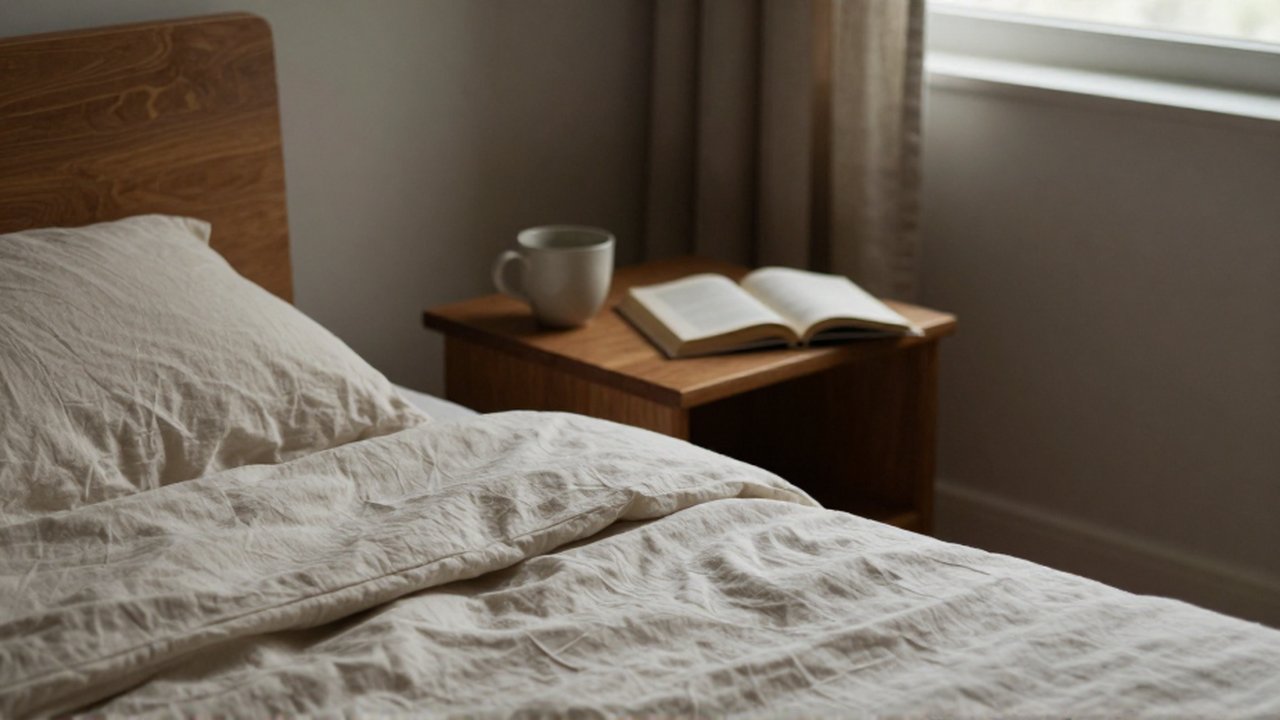 Una cama con sábanas de lino junto a una mesa de noche con una taza y un libro abierto.