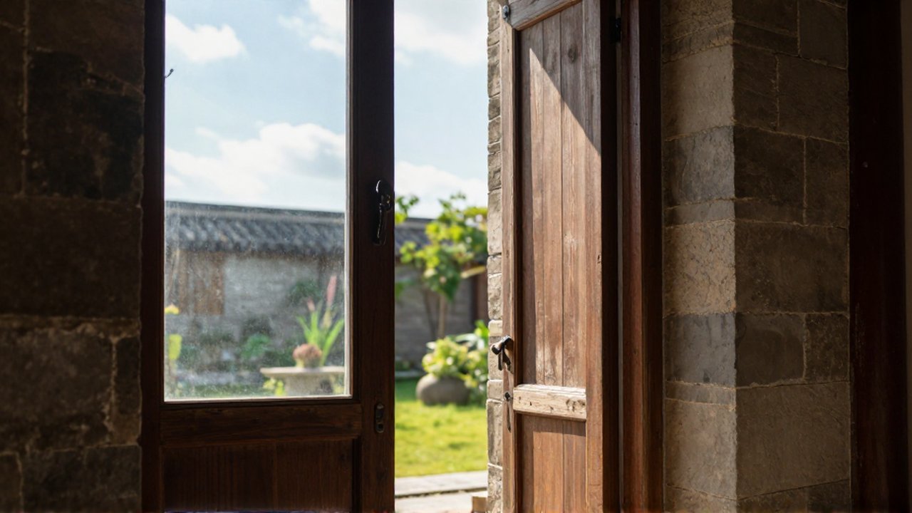Una puerta de madera vieja y entreabierta revela un jardín soleado junto a una ventana de cristal.