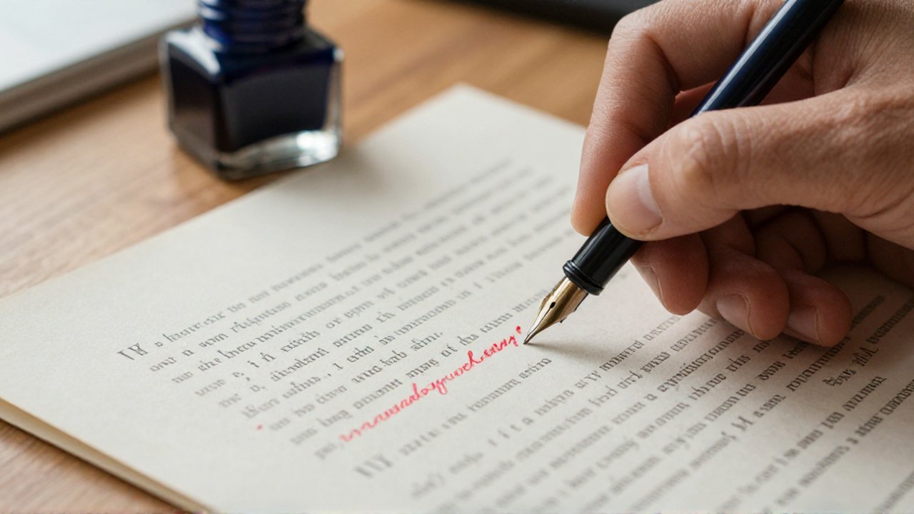 Una mano usa una pluma estilográfica para corregir un punto por una coma en un manuscrito.