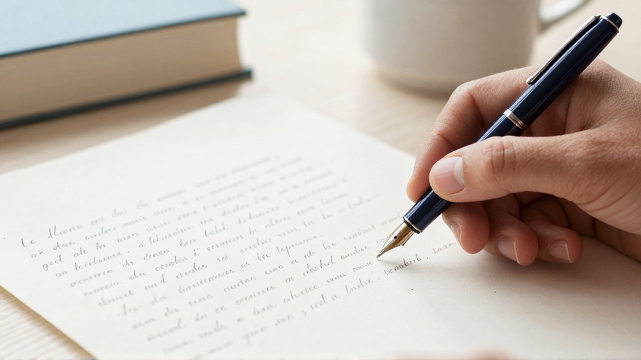 Una mano sostiene una pluma fuente sobre un papel con frases escritas a mano.