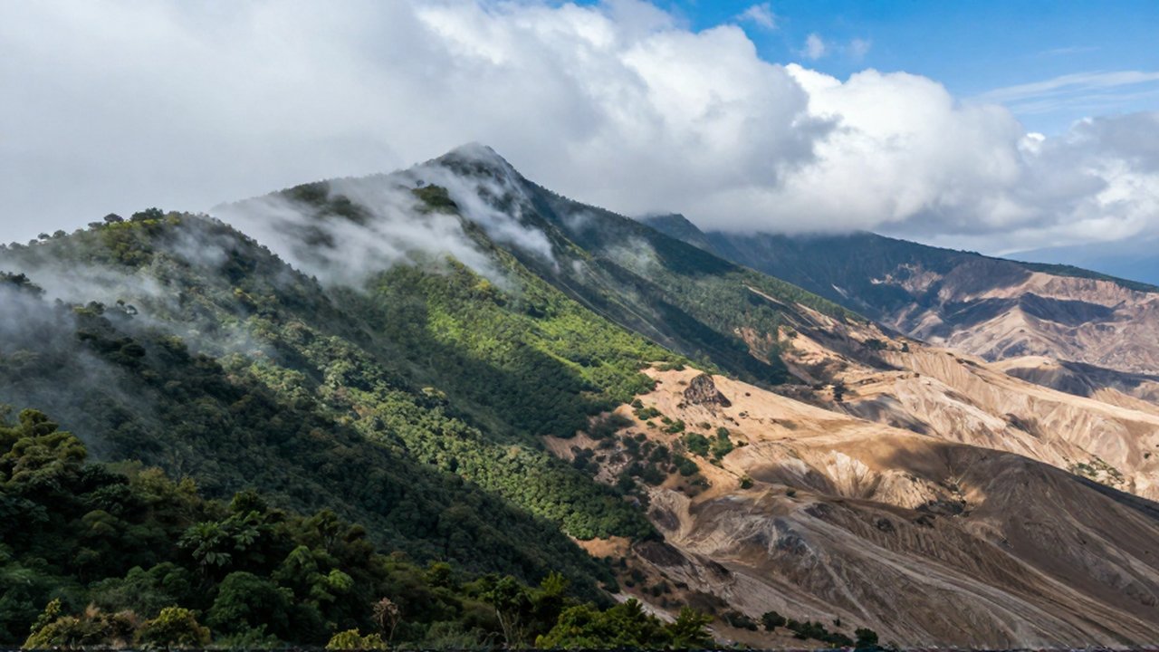 Una cordillera muestra un lado con bosques verdes y neblina junto a un lado árido y rocoso.