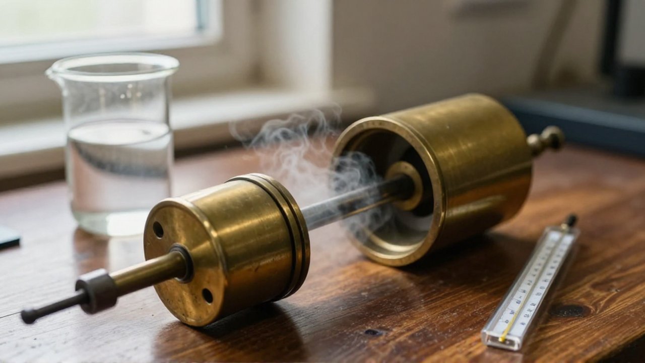 Detalle de un mecanismo de pistón y cilindro de latón con vapor sobre una mesa de madera.