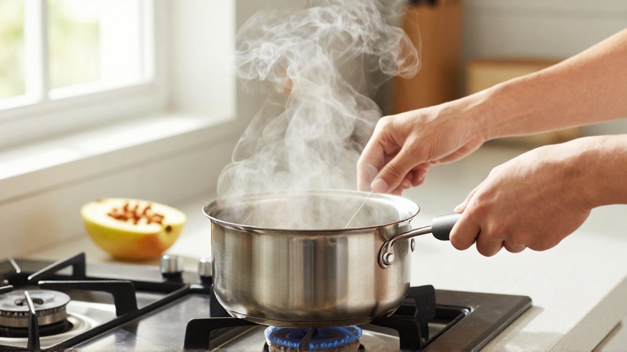 Unas manos manipulan una olla de acero inoxidable sobre un fogón con agua humeante.