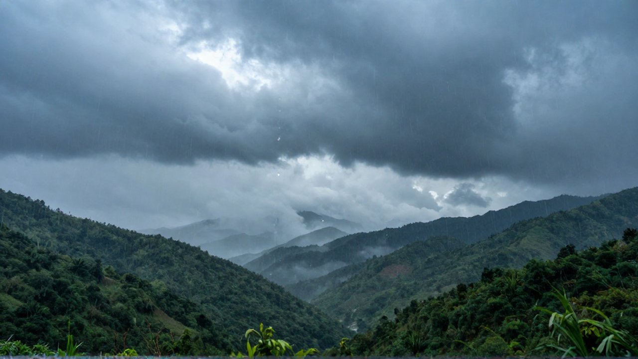 Nubes oscuras y densas descargan lluvia sobre un paisaje de montañas verdes y un valle con neblina.