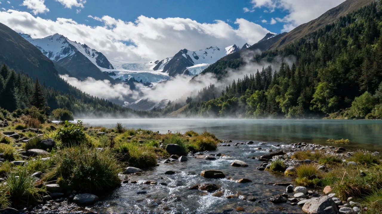 Un arroyo fluye sobre piedras en primer plano frente a un lago, un bosque y montañas nevadas.
