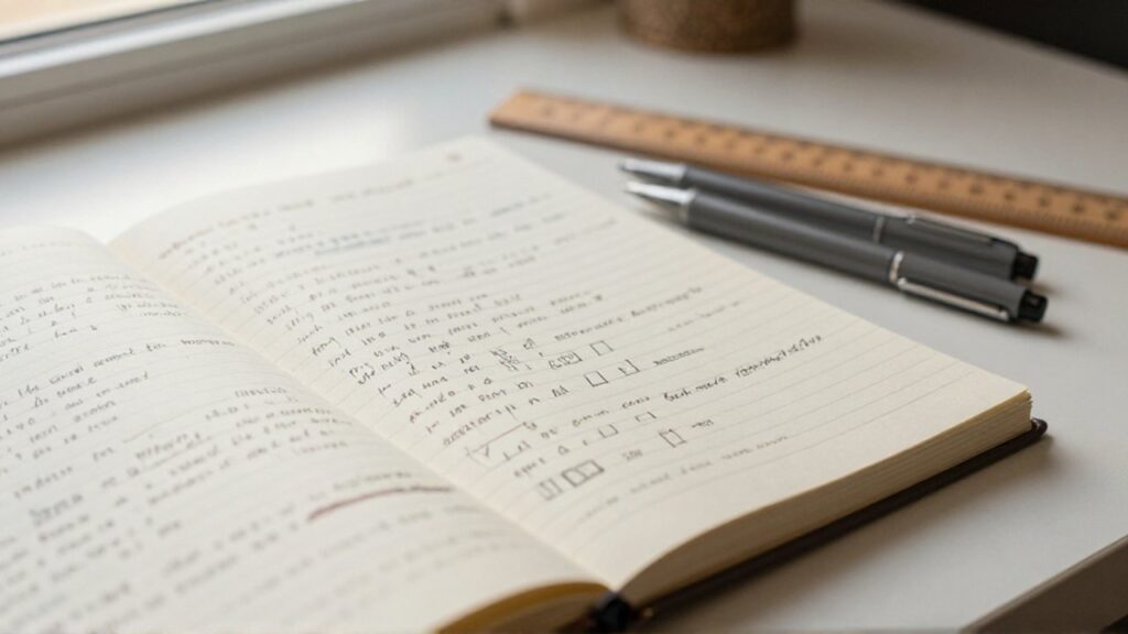 Cuaderno con oraciones manuscritas y marcas de gramática junto a bolígrafos y una regla sobre el escritorio.