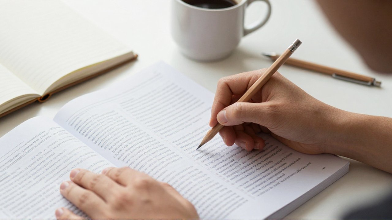 Manos sosteniendo un lápiz de madera para subrayar un texto en un libro de gramática sobre un escritorio.