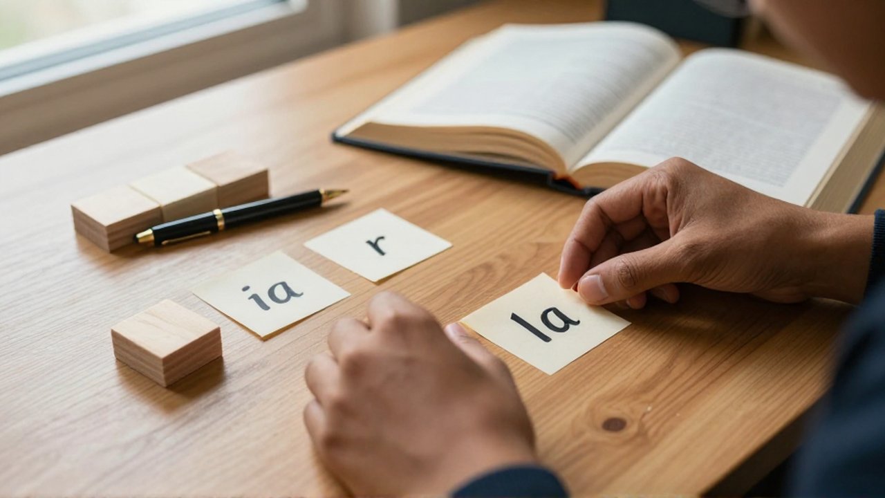 Manos de una persona organizan bloques de madera y papeles con gramática sobre un escritorio.