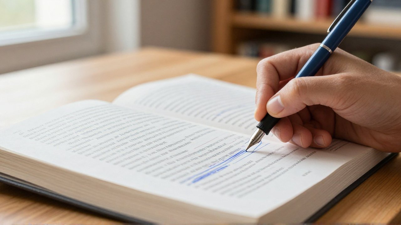 Una mano con pluma estilográfica subraya frases en un libro de gramática sobre un escritorio de madera.