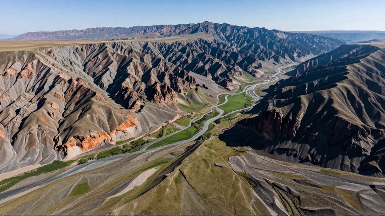 Vista aérea de un río serpenteante que fluye entre montañas escarpadas y un valle fértil.