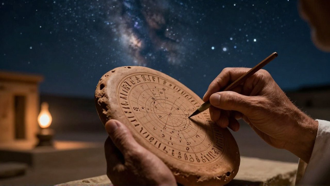 Manos de un erudito recorren diagramas astronómicos y símbolos cuneiformes grabados en una tablilla de arcilla.