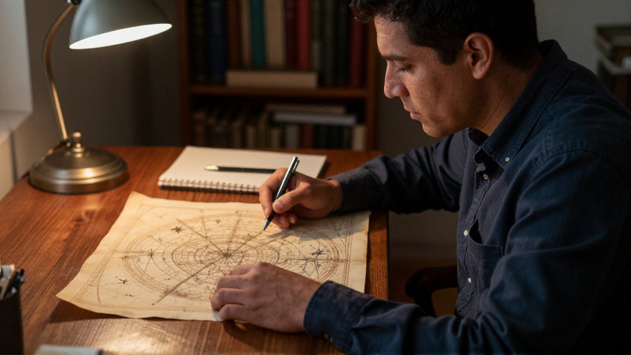 Una persona examina un mapa estelar antiguo sobre un escritorio de madera junto a un cuaderno moderno.