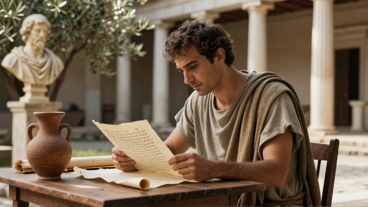Un hombre de rasgos mediterráneos estudia un manuscrito sobre una mesa de madera en un patio griego.