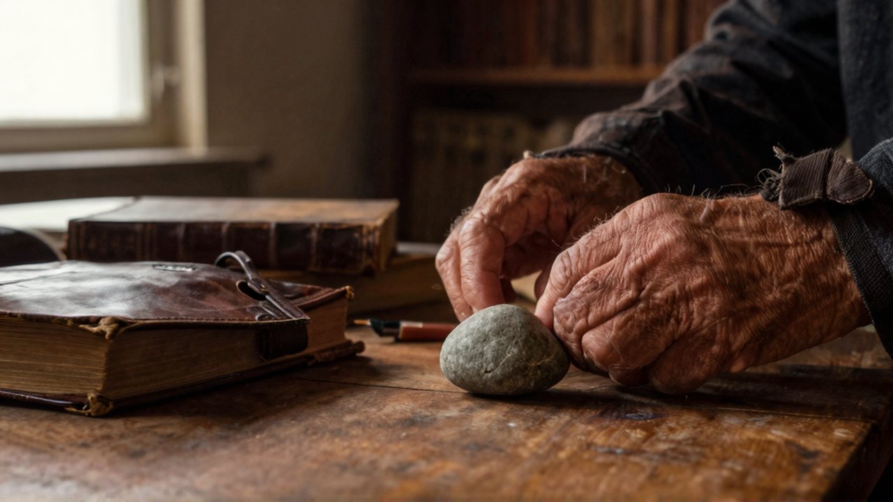 Manos de una persona mayor acomodan libros antiguos de cuero y una piedra sobre una mesa de madera.