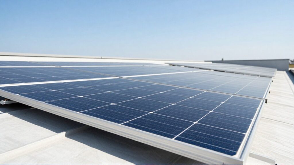 Primer plano de paneles solares con celdas de silicio sobre un tejado bajo un cielo azul despejado.