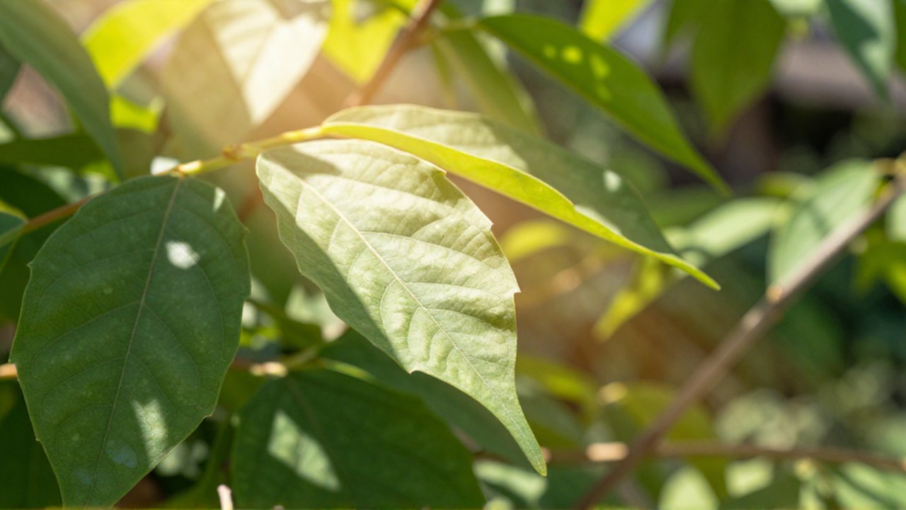 Primer plano de una hoja verde con venas detalladas bajo la luz solar directa de un jardín.