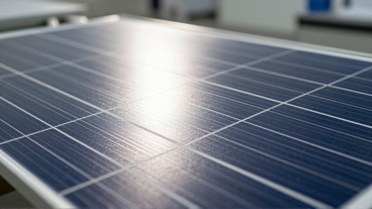 Primer plano de una celda solar de silicio azul con líneas de contacto metálicas bajo un rayo de luz.