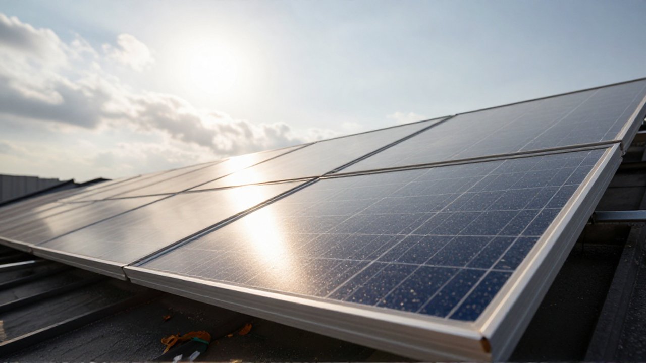 Un panel solar en un tejado cubierto de polvo y hojas secas bajo una luz solar difusa.