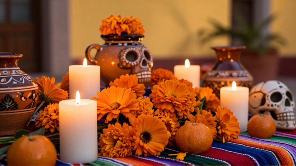 Altar de muertos con flores de cempasúchil