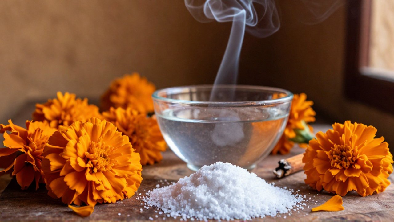 Flores de cempasúchil naranja, un cuenco con agua, sal blanca y copal humeante sobre madera.