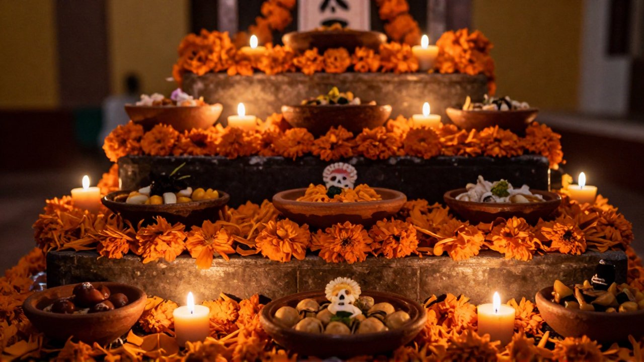 Altar de Día de Muertos de varios niveles decorado con pétalos de cempasúchil y velas encendidas.